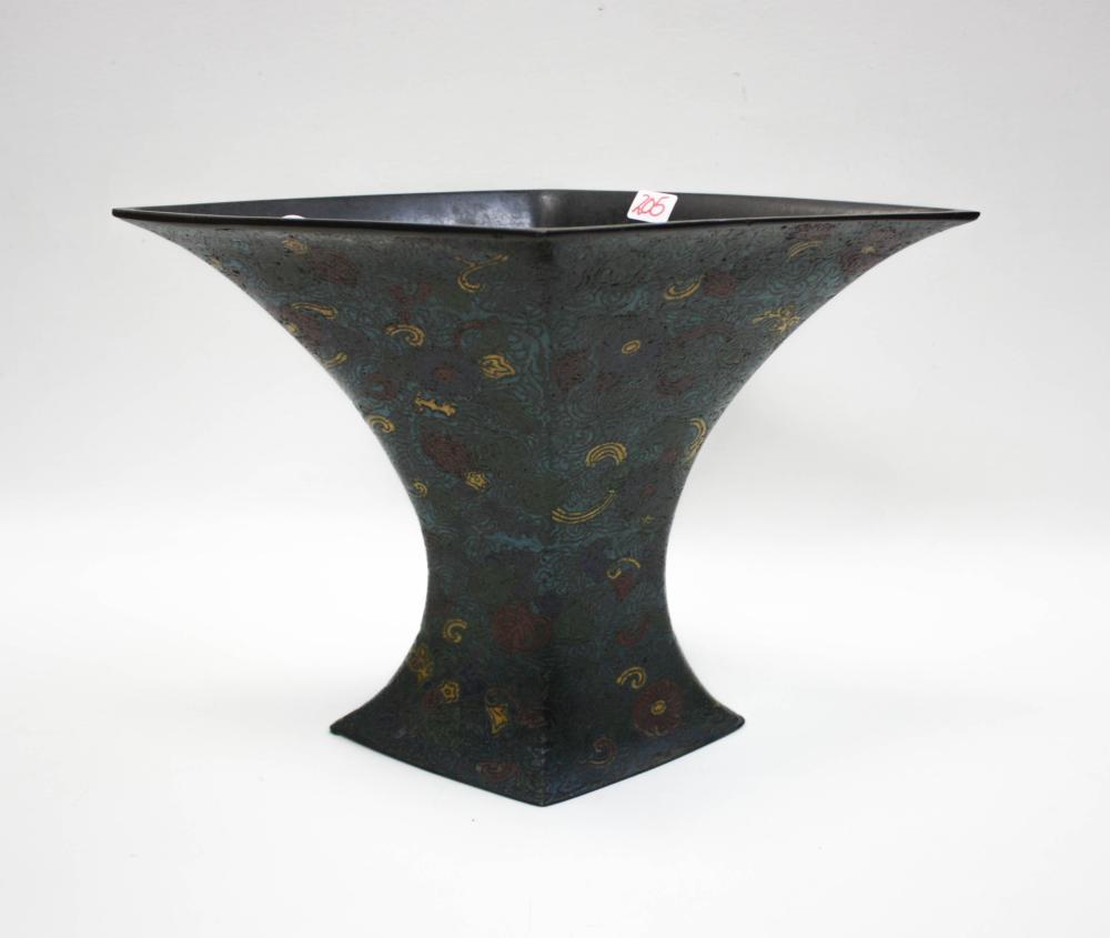 Appraisal: CHINESE CHAMPLEVE ENAMELED BRONZE VASE four-sided angular form with tapered