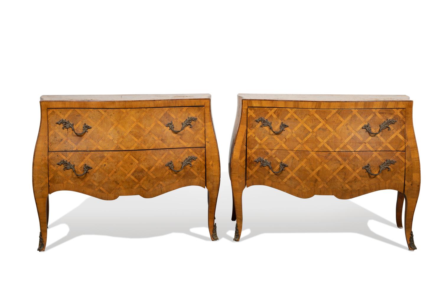 Appraisal: PAIR LOUIS XV-STYLE PARQUETRY BOMBE COMMODES Pair of bombe form