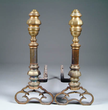 Appraisal: PAIR OF LARGE BRASS ANTIQUE ANDIRONS Faceted tops with pierced