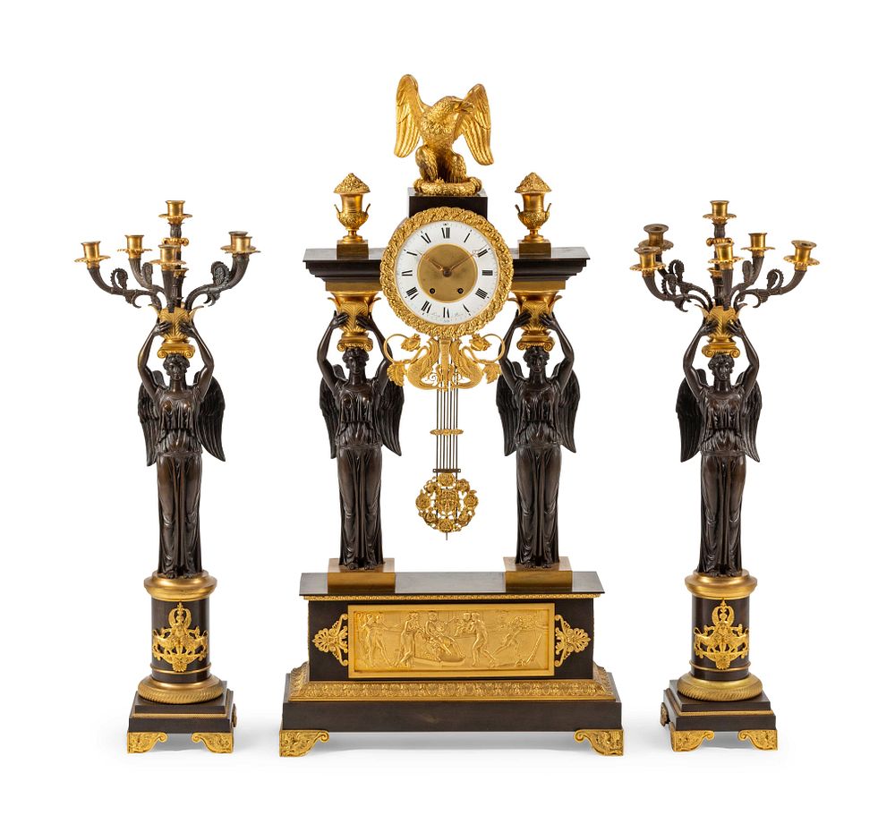 Appraisal: A Large Empire Style Gilt and Patinated Bronze Clock Garniture