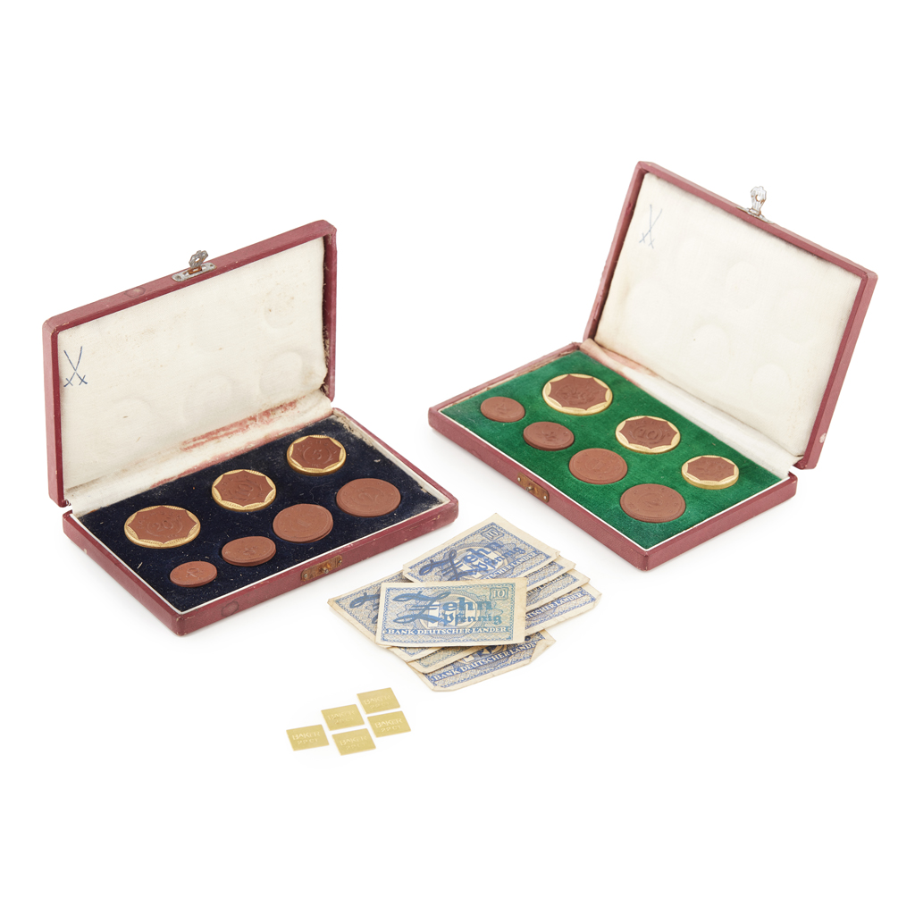 Appraisal: Two cased sets of Meissen coins marks down to pfenning