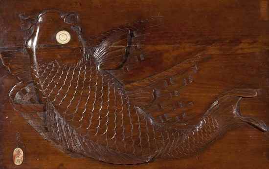 Appraisal: A Japanese carved wood rectangular wall plaque with a carp