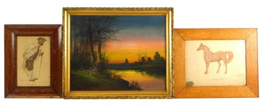 Appraisal: Three framed under glass artworks including two J B Sprague