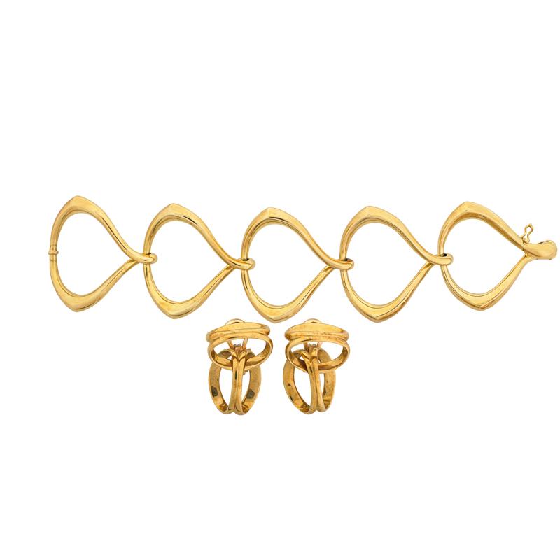 Appraisal: MODERNIST GOLD LINK BRACELET AND EAR CLIPS Condition Report