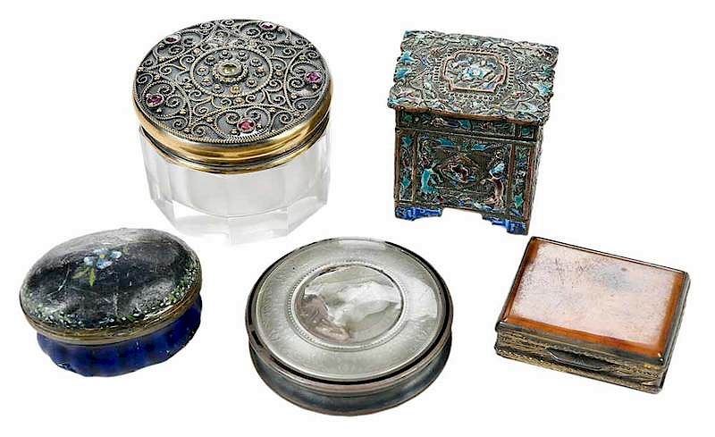 Appraisal: Five Lidded Metal Miniature Pill Boxes th century one silver