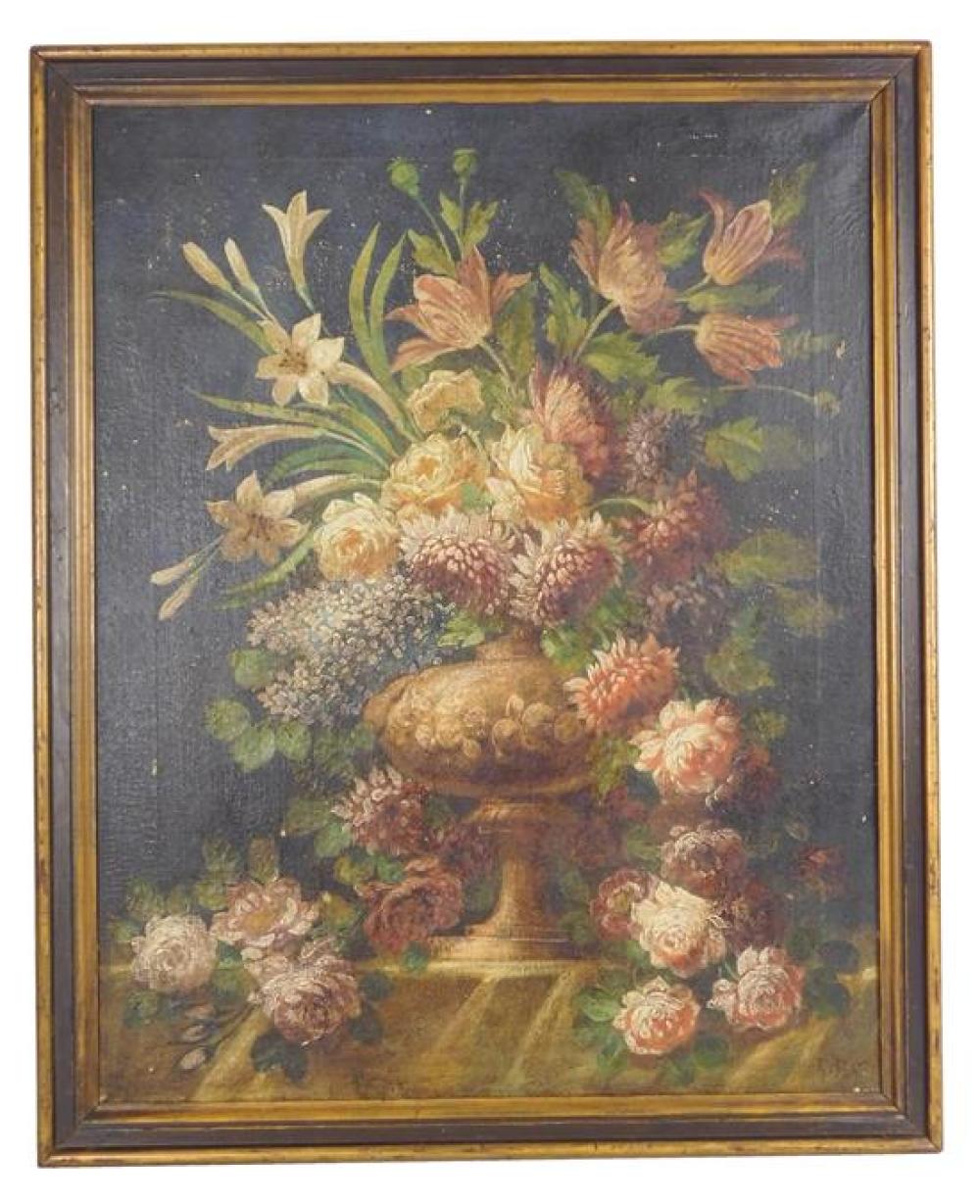 Appraisal: th C floral still life oil on canvas depicts overflowing