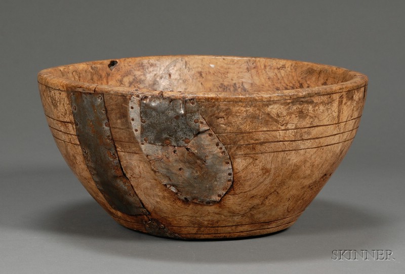 Appraisal: Large Turned Burl Bowl America early th century with six