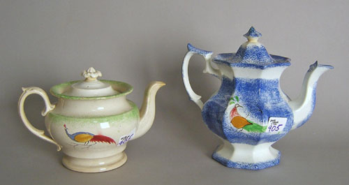 Appraisal: Blue spatter teapot with peafowl h together with a green