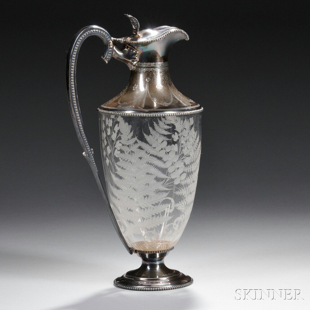 Appraisal: English Sterling Silver-mounted Etched Glass Wine Ewer Sheffield Walter George