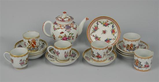 Appraisal: ENGLISH CHINOISSERIE TEA POT SIX MISCELLANEOUS CUPS AND EIGHT SAUCERS