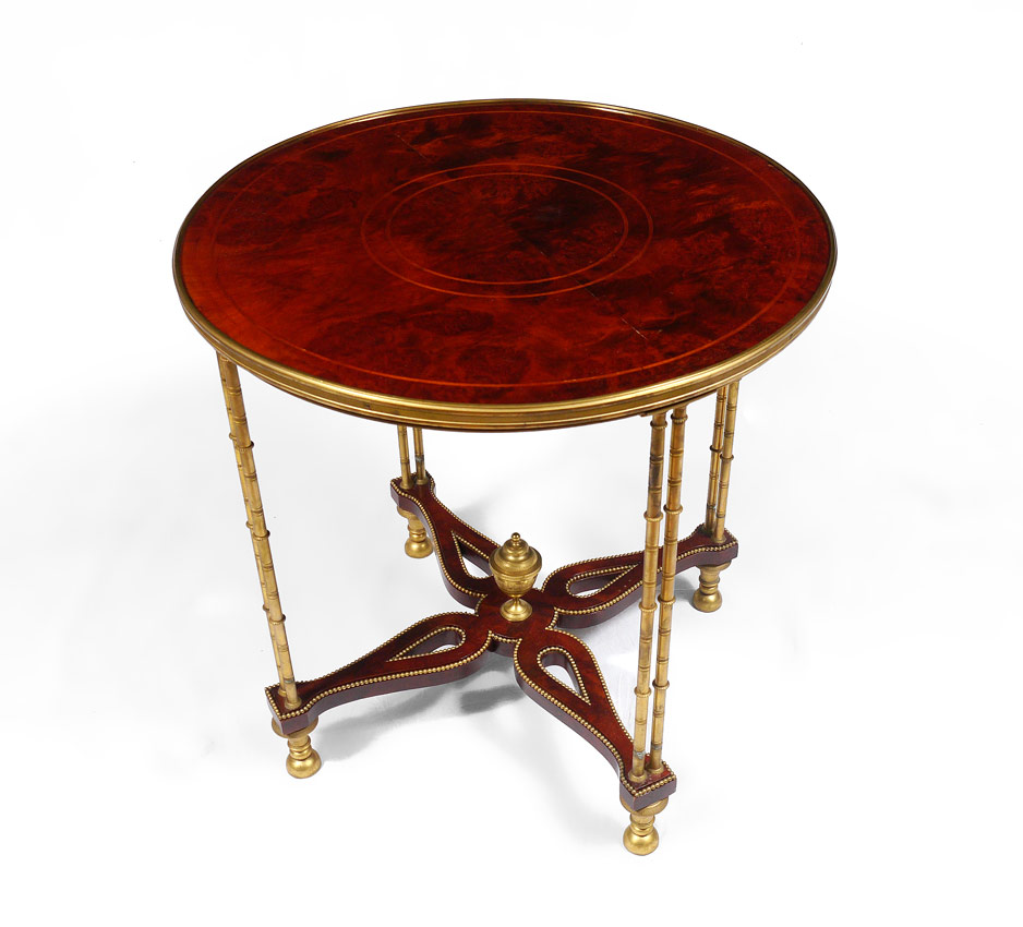 Appraisal: INLAID BURL CIRCULAR SIDE TABLE Burl veneer top with string