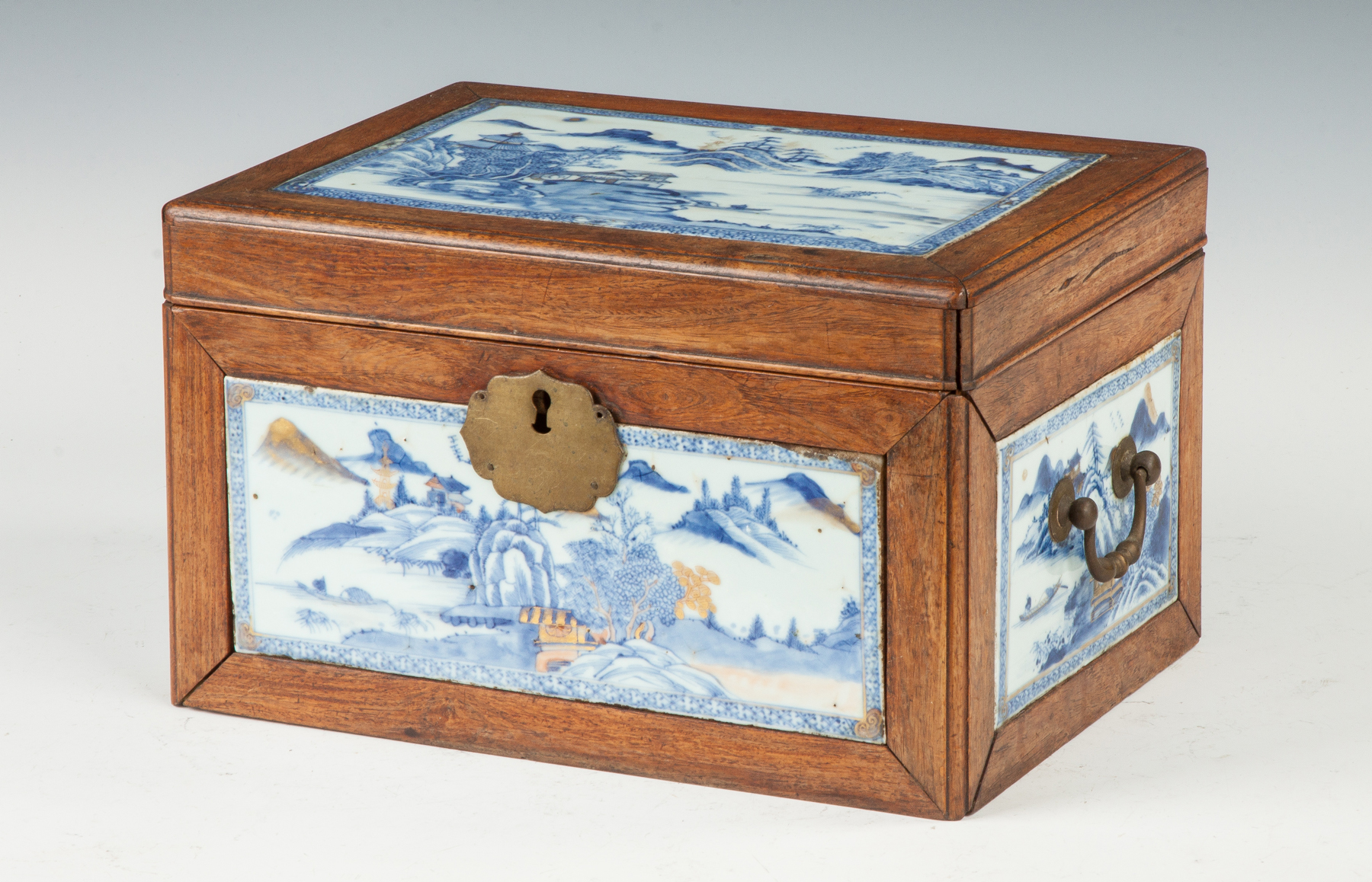 Appraisal: Chinese Box with Blue White Hand Painted Porcelain Panels