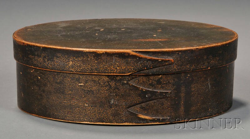 Appraisal: Shaker Black-painted Oval Covered Box probably New England mid to