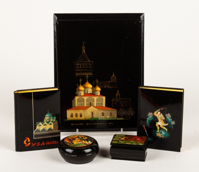 Appraisal: Five Russian lacquered desk items th century comprising patch boxes