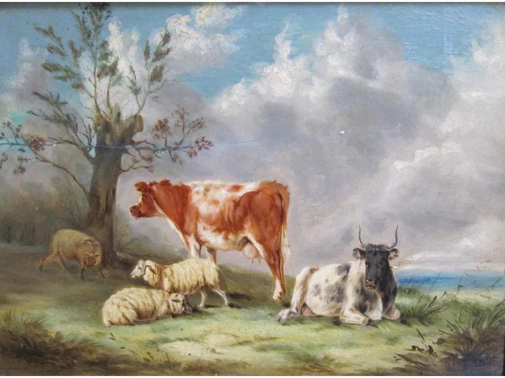 Appraisal: Oil on panel landscape with cattle and sheep unsigned x