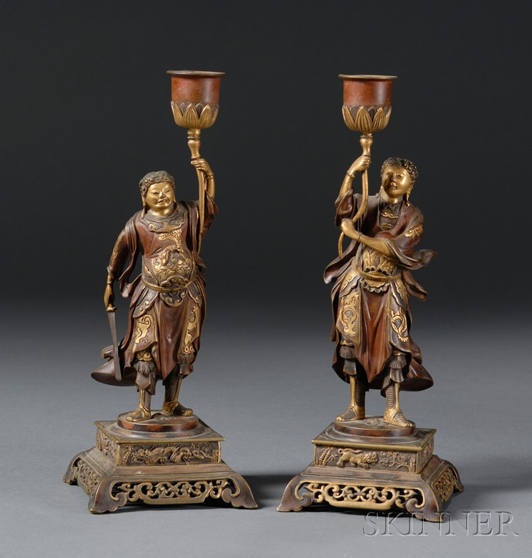 Appraisal: Pair of Bronze Candle Holders Japan late th century Miyako-style