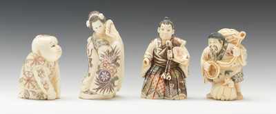 Appraisal: Two Carved Ivory Netsuke and Two Okimono Including a geisha