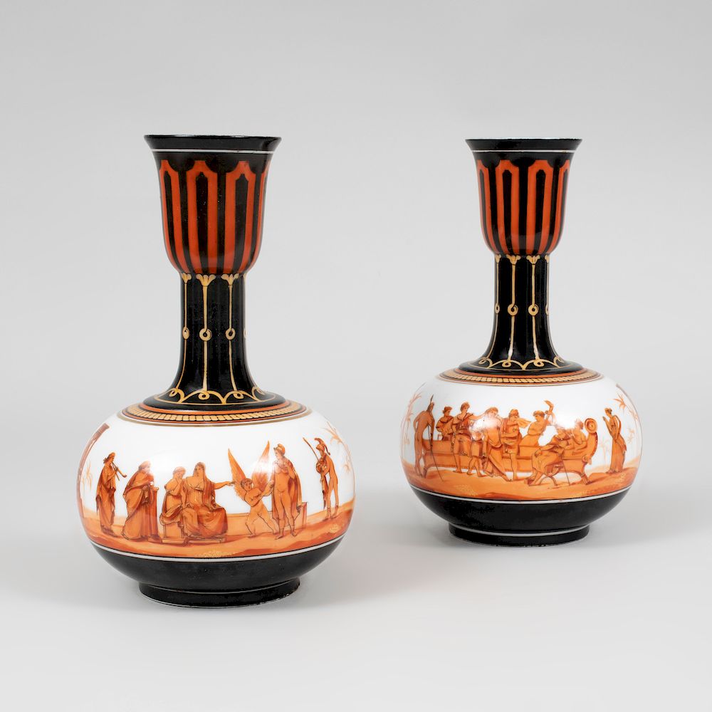 Appraisal: Pair of Continental Red and Black Painted Porcelain Vessels Each