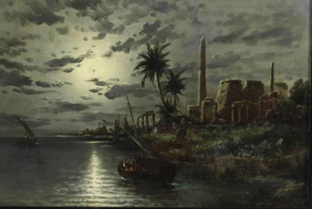 Appraisal: Framed oil on canvas painting Moonlight on the Nile River