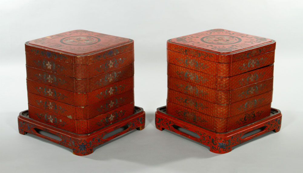 Appraisal: - Pair Chinese Fruit Boxes Pair fruit boxes China red