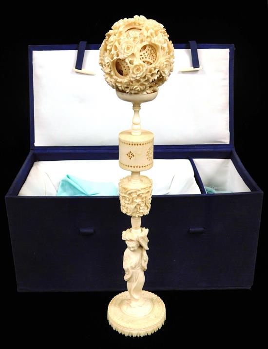 Appraisal: ASIAN Chinese ivory puzzle ball with stand five pieces unassembled