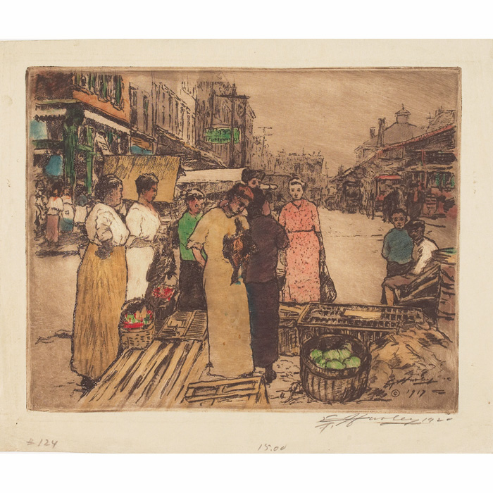 Appraisal: E T Hurley etching market scene with women holding two