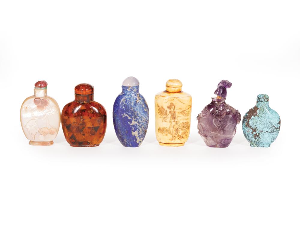 Appraisal: Collection of Six Chinese Snuff Bottles incl turquoise pieced amber