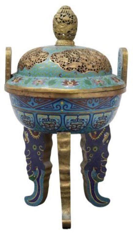 Appraisal: Chinese cloisonne enamel censer domed lid dragon finial pierced foliate