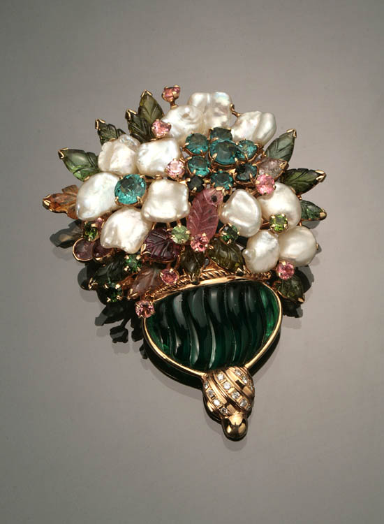 Appraisal: -Karat Yellow-Gold Semi-Precious Stone Diamond and Freshwater Baroque Pearl 'Basket