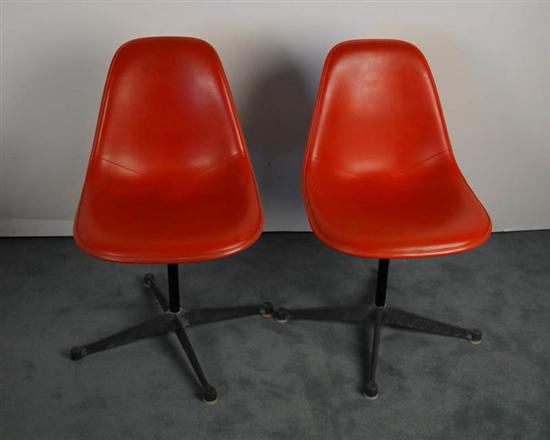 Appraisal: Pair Fiberglass and Faux Leather Swivel Chairs tomato red remnants