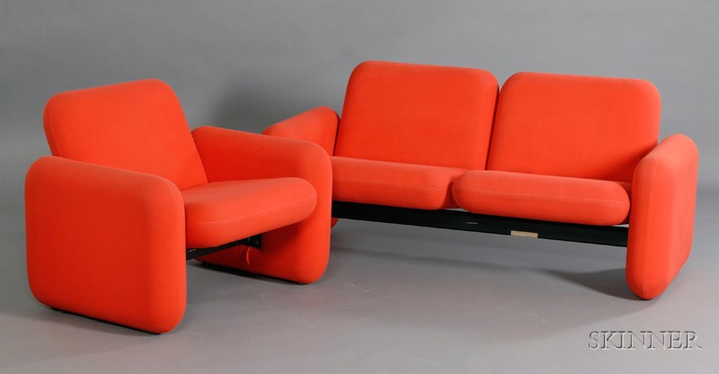 Appraisal: Ray Wilkes Chicklet Sofa and Chair Upholstered frame Mfg by