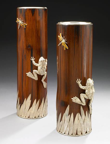 Appraisal: Two chinoiserie vases modern The cylindrical stained bamboo bodies applied