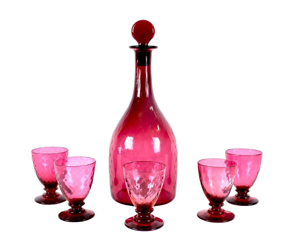 Appraisal: PAIRPOINT SIX-PIECE CRANBERRY GLASS LIQUEUR SETComprising a decanter and six