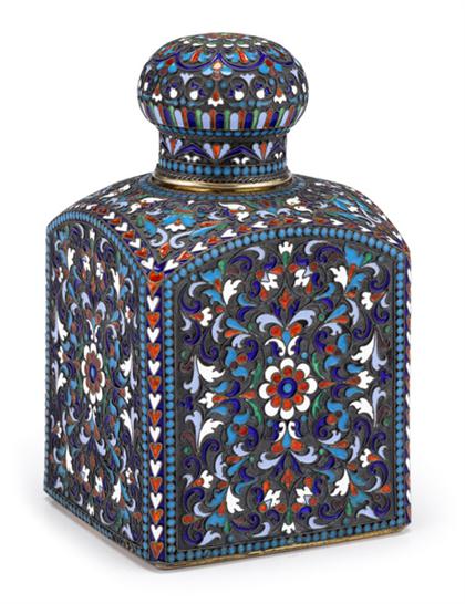 Appraisal: Russian silver and cloisonne enamel tea caddy The cubic form