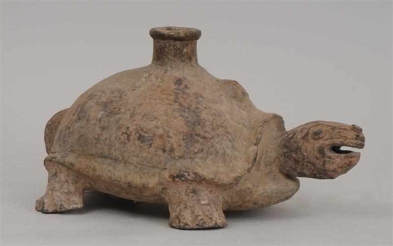 Appraisal: CHINESE PAINTED TERRACOTTA TURTLE-FORM VESSEL Modeled with head raised the