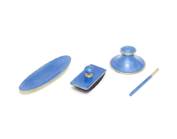 Appraisal: A Norwegian silver-gilt and blue enamelled four-piece desk set by