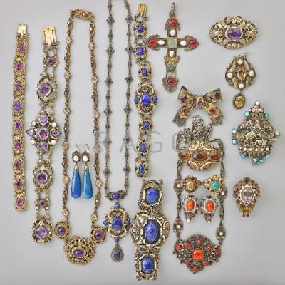 Appraisal: RENAISSANCE REVIVAL SILVER JEWELRY COLLECTION items with garnet coral lapis