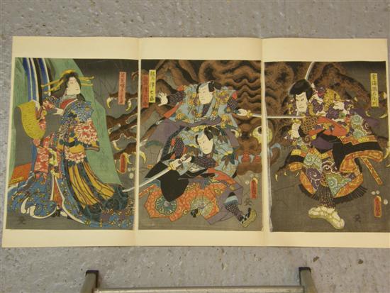 Appraisal: Japanese triptych woodblock print depicting a woman with a scroll