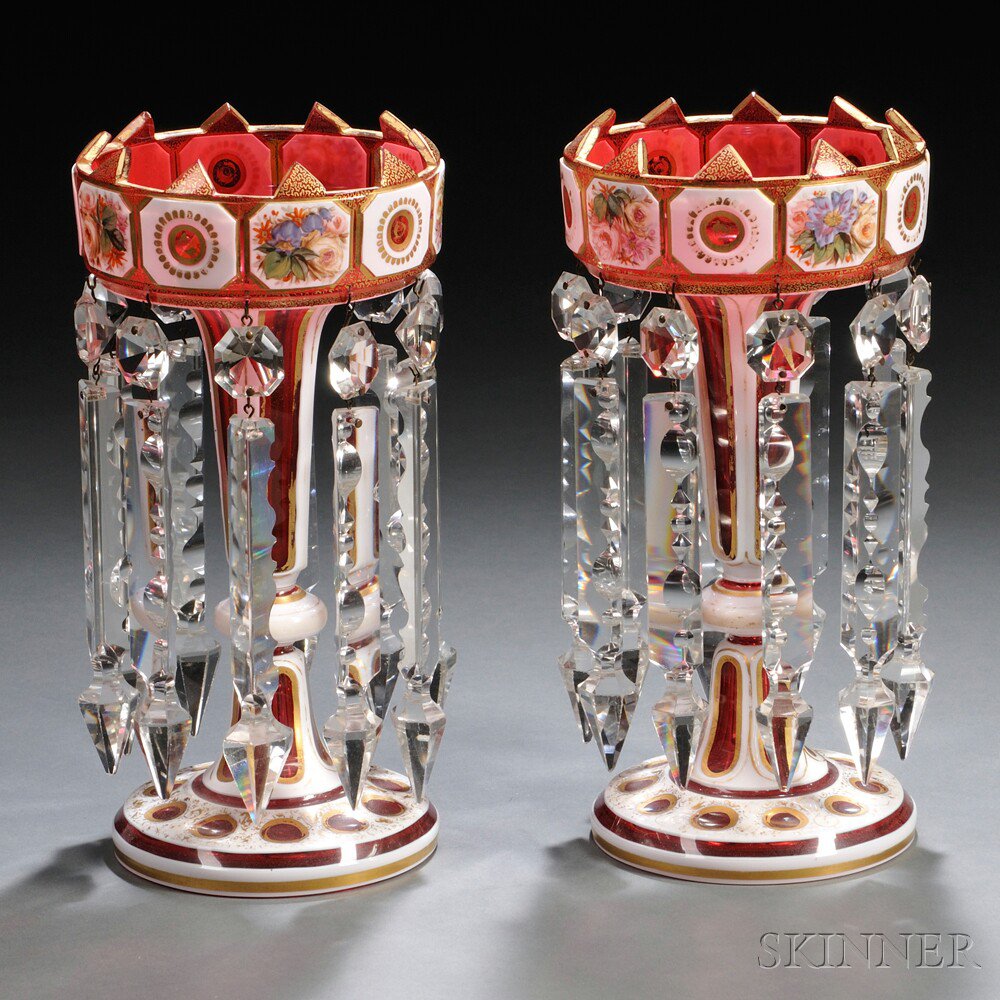 Appraisal: Pair of Bohemian Cranberry Glass Lustres th century white overlay