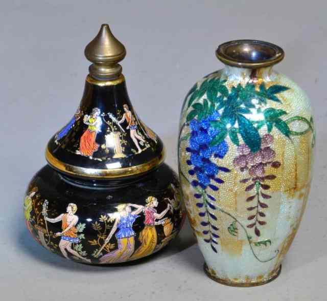 Appraisal: Cloisonne Vase Pottery Perfume BottleTo include a cloisonne vase with