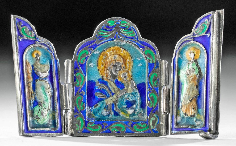 Appraisal: Russian Enameled Silver Travel Icon Madonna Eastern Europe Russia dated