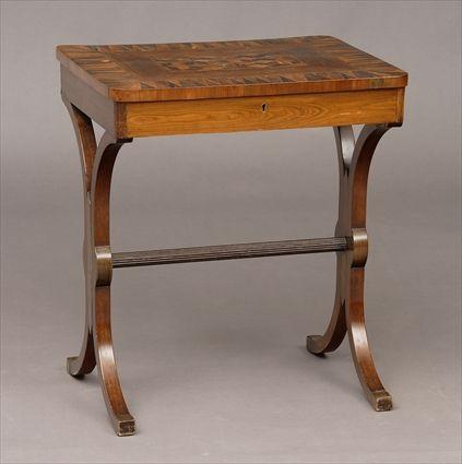 Appraisal: REGENCY PARQUETRY-INALAID ROSEWOOD WRITING TABLE The hinged top with cube