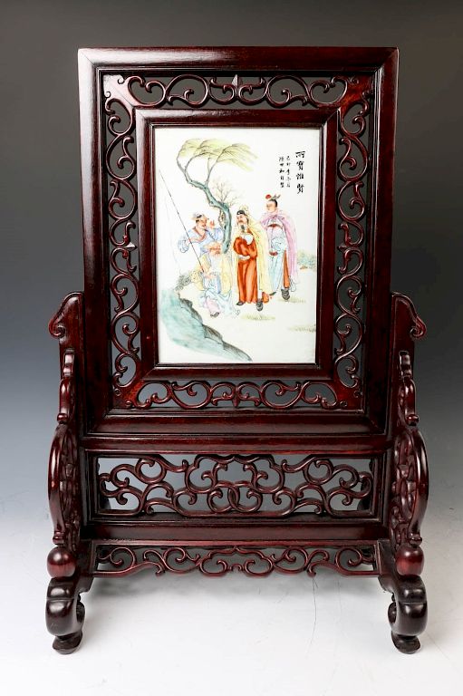 Appraisal: FAMILLE ROSE FIGURAL PANEL AND STAND CHUANGHUI The porcelain panel