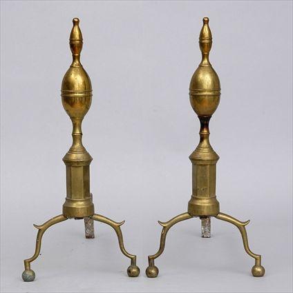 Appraisal: PAIR OF FEDERAL BRASS DOUBLE LEMON ANDIRONS Each hexagonal stem