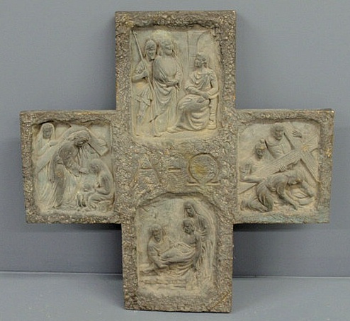 Appraisal: Bronze cross with religious relief figures and alpha and omega