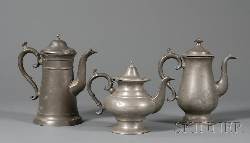 Appraisal: Three Pewter Teapots America early th century a squat form