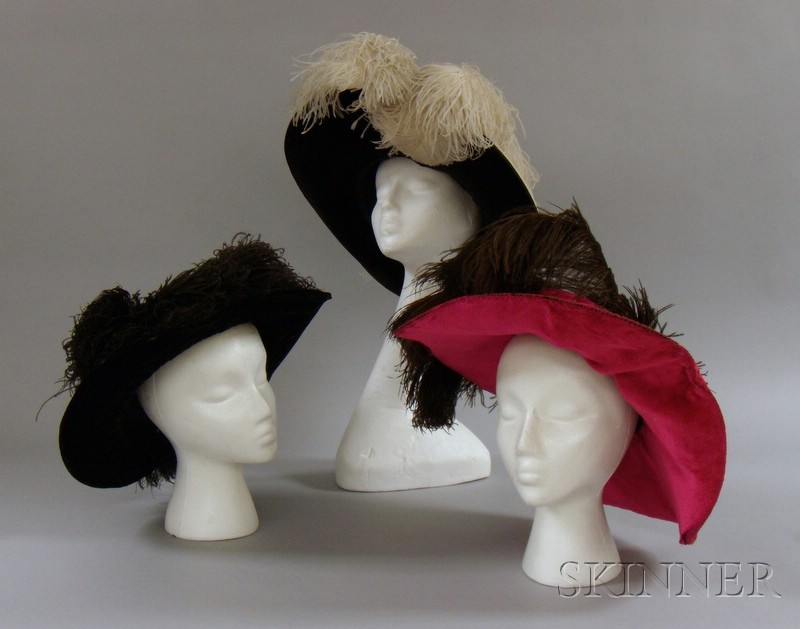 Appraisal: Three Edwardian Velvet and Silk Feathered Wide Brim Hats one