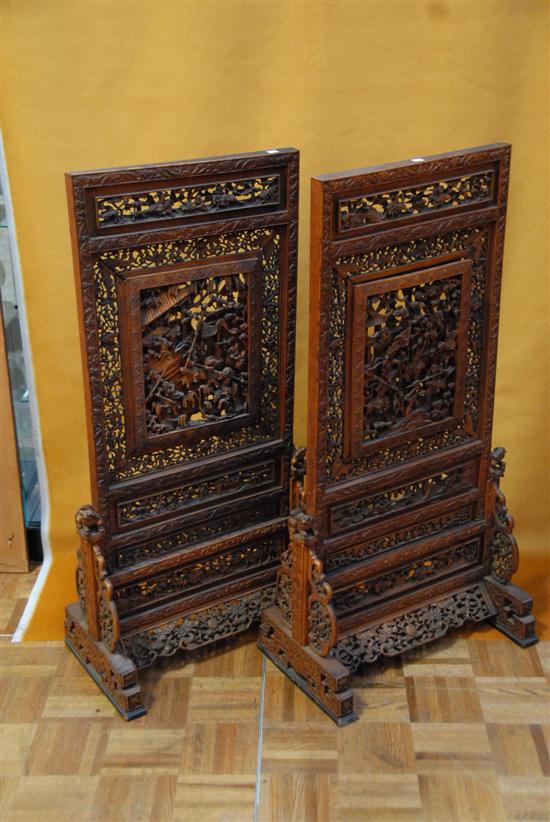 Appraisal: PAIR ANTIQUE CHINESECARVED PANEL SCREENS ON STANDS x x each