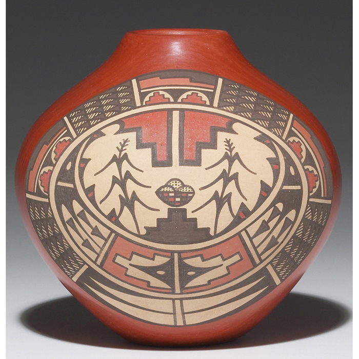 Appraisal: Jemez vase polished red with painted brown tan and red