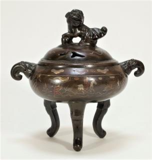 Appraisal: Chinese Bronze Mixed Metal Tripod Censer CHINA EARLY TH CENTURY